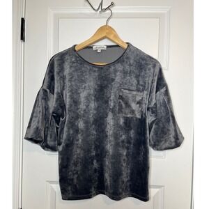 Set The Stage Charcoal Grey Velvet Puff Sleeve Pocket Top 3721VLR Medium